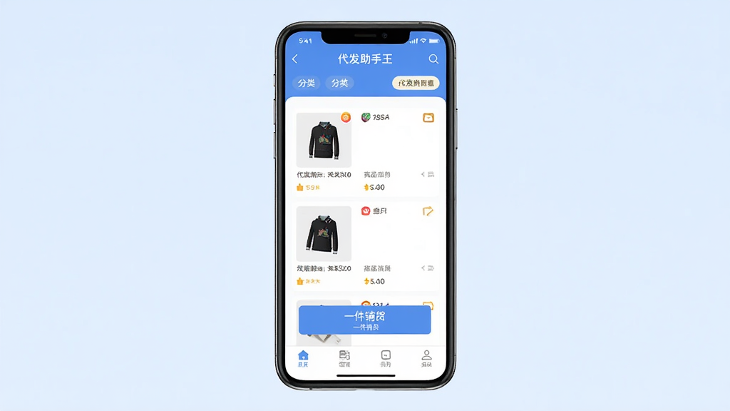 一款名为代发助手王的手机应用主界面展示图,画面中央是手机屏幕,屏幕上显示商品列表和一件铺货按钮,背景为浅蓝色渐变,布局为居中构图,排版简洁清晰,风格为扁平化UI设计,细节包括商品缩略图、分类标签和底部导航栏,画质高清,干净,无多余元素