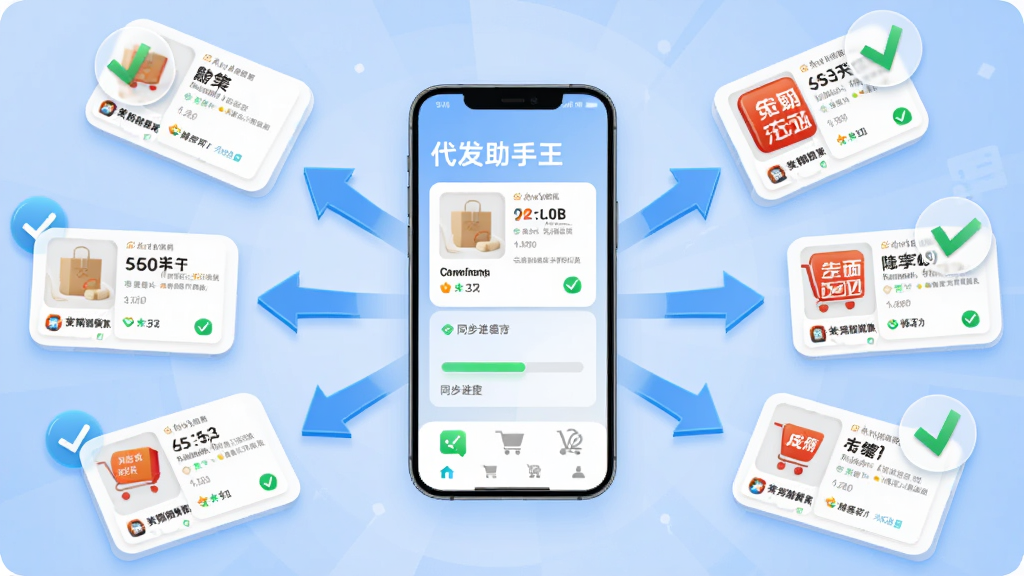 代发助手王一键铺货功能展示图,画面主体是一部智能手机,屏幕中显示多个电商平台图标围绕手机排列,箭头从手机指向各平台图标,布局为放射状构图,排版动态有序,风格为科技感插画,细节包括商品卡片、同步进度条和成功对勾标识,画质清晰,干净,无多余元素