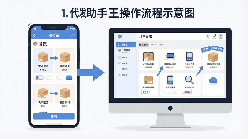 代发助手王操作流程示意图,画面主体为手机和电脑双端展示,手机屏幕显示铺货界面,电脑屏幕显示订单管理界面,布局为左右对比构图,排版清晰,风格为扁平化插画,细节包括操作箭头、步骤编号和功能图标,画质高清,干净,无多余元素