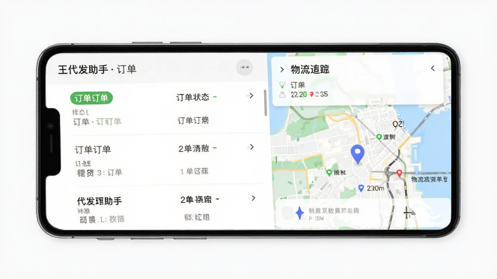 代发助手王订单管理界面展示图,画面主体为手机屏幕,屏幕上显示订单列表和物流追踪地图,布局为上下结构,排版清晰,风格为扁平化设计,细节包括订单状态标签、物流节点和地图定位图标,画质高清,干净,无多余元素