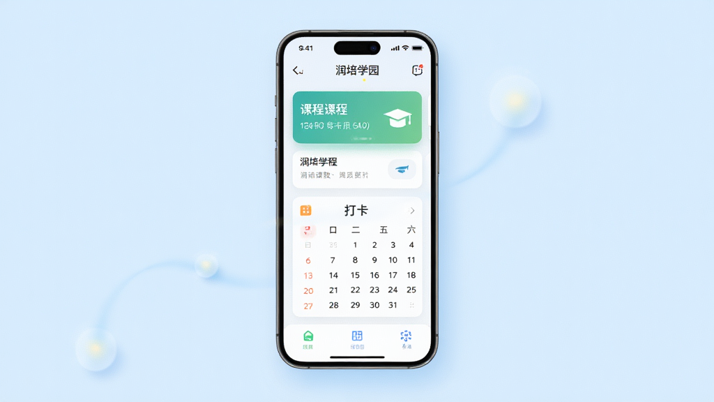 润培学园APP首页界面展示,主体为手机屏幕悬浮在浅蓝色渐变背景中央,屏幕内显示课程卡片和打卡日历,布局采用居中对称排版,风格清新简约现代,细节包含图标阴影和柔和光晕,画质高清干净无多余元素,屏幕中文字显示“润培学园”