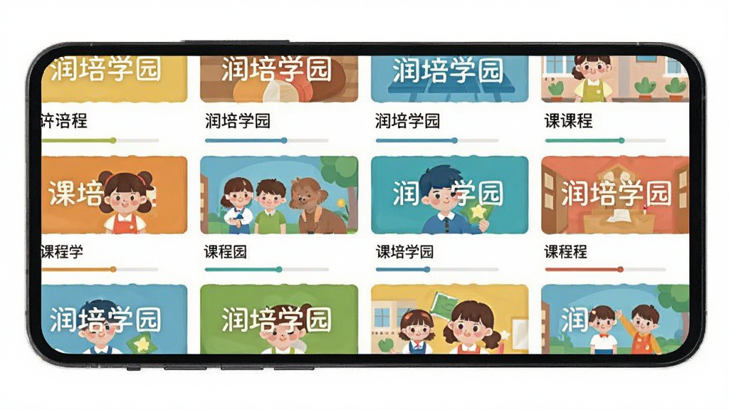 润培学园课程列表页面,主体为手机界面中排列整齐的课程封面图,布局采用网格瀑布流排版,风格扁平化设计色彩明快,细节包含课程名称和进度条,画质清晰干净无多余元素,图片中文字显示“润培学园”