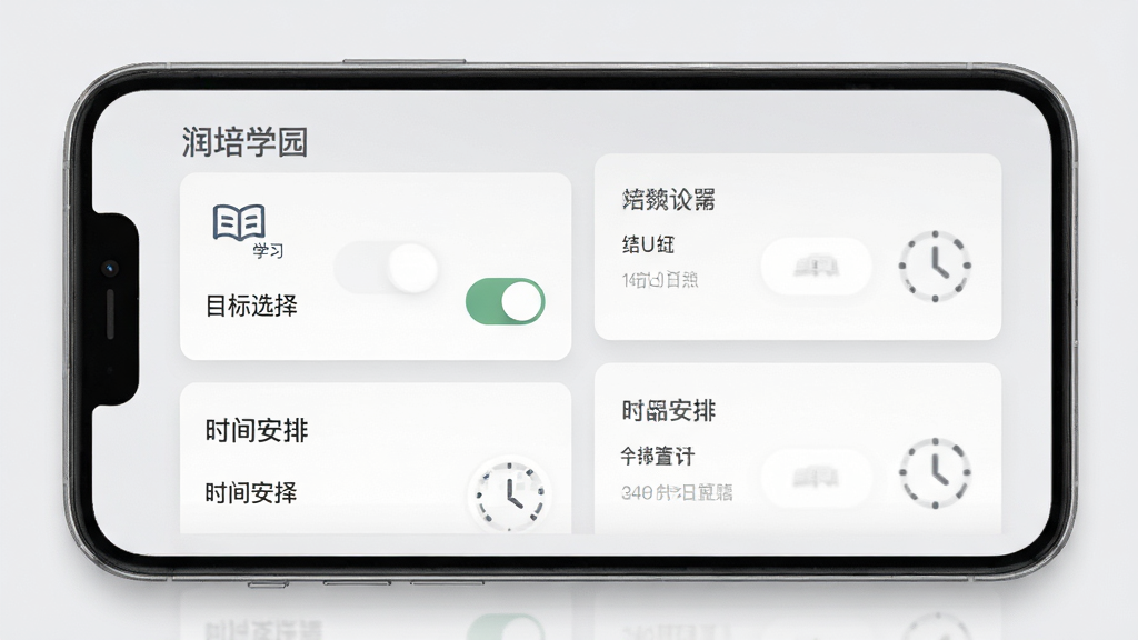 润培学园学习计划设置页面,主体为手机界面显示目标选择和时间安排,布局采用卡片式分层排版,风格极简商务浅灰色调,细节包含开关按钮和时钟图标,画质高清干净无多余元素,界面中文字显示“润培学园”