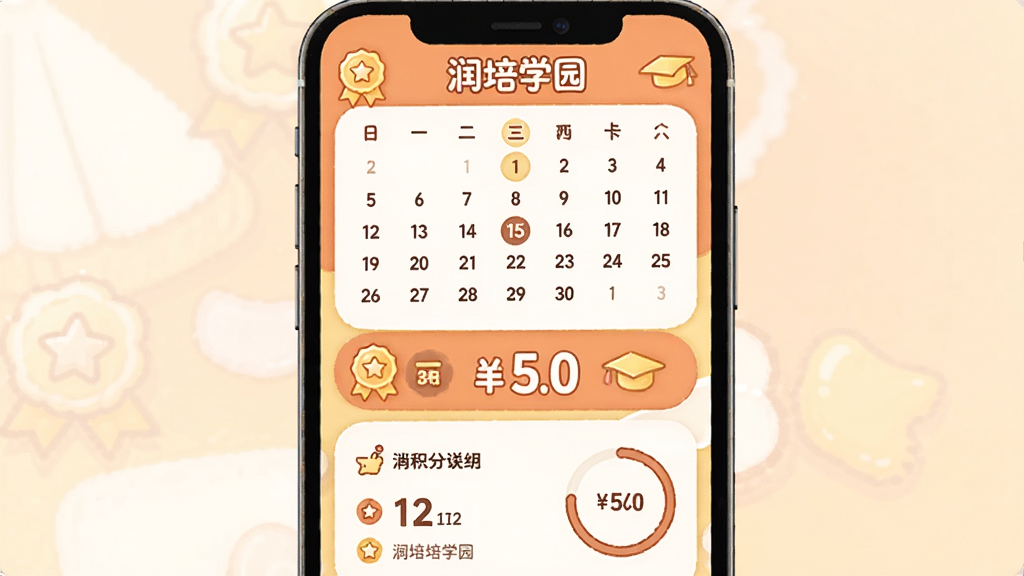润培学园打卡积分界面,主体为手机屏幕显示打卡日历和积分数字,布局采用上下结构上方日历下方积分明细,风格活泼可爱暖色调,细节包含徽章图标和进度环,画质高清干净无多余元素,界面中文字显示“润培学园”