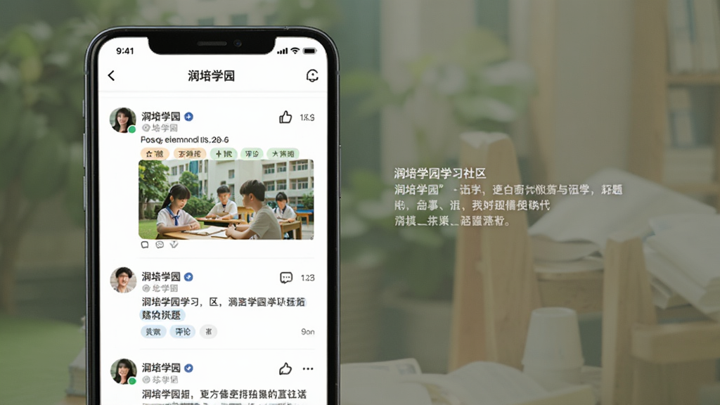 润培学园学习社区界面,主体为手机屏幕展示帖子列表和用户头像,布局采用左图右文列表排版,风格社交化界面清爽,细节包含点赞评论图标和话题标签,画质清晰干净无多余元素,图片中文字显示“润培学园”