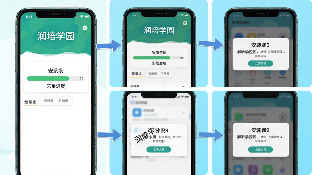 润培学园APP安装教程示意图,主体为手机屏幕显示安装进度条和权限弹窗,布局采用分步截图上下排列,风格教程类清晰直观,细节包含箭头指示和文字标注,画质高清干净无多余元素,图片中文字显示“润培学园”