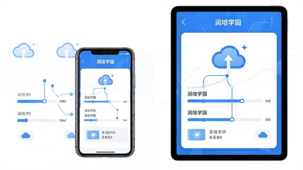 润培学园多端同步示意图,主体为手机和平板并排展示相同进度界面,布局采用左右对比排版,风格科技感蓝白配色,细节包含云朵同步图标和数据线条,画质清晰干净无多余元素,图片中文字显示“润培学园”