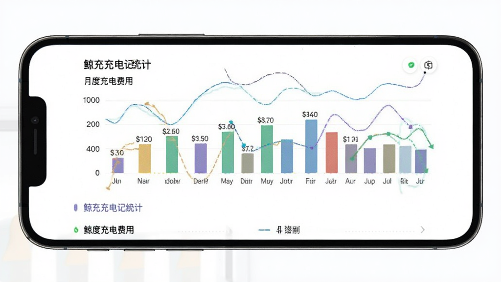 鲸充充电记录统计页面,主体为手机屏幕显示月度充电费用柱状图,布局为手机居中,背景为白色简洁背景,排版突出数据图表和列表,风格为清新商务风,细节包括不同颜色柱状图和费用数字,画质高清,干净,无多余元素