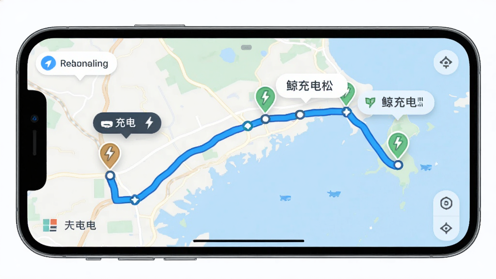 鲸充路线规划功能展示,主体为手机屏幕显示地图导航路线和沿途充电站标记,布局为手机横屏,背景为浅色地图底图,排版突出路线和充电站图标,风格为现代导航UI风格,细节包括路线颜色和充电站气泡提示,画质高清,干净,无多余元素