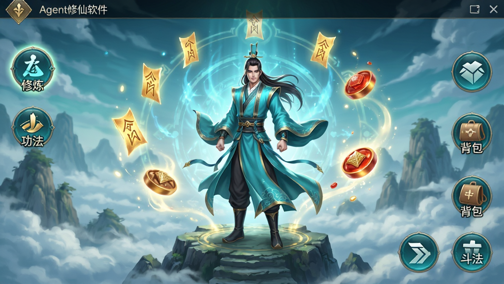 Agent修仙软件主界面截图,画面中央展示一位身着青衫的修仙者立于云海山巅,背景有漂浮的灵符与丹药光效,界面四周分布修炼、功法、背包、斗法等功能按钮,整体风格为东方仙侠玄幻,色调以青蓝与金色为主,布局清晰,细节丰富,画质高清,干净无多余元素