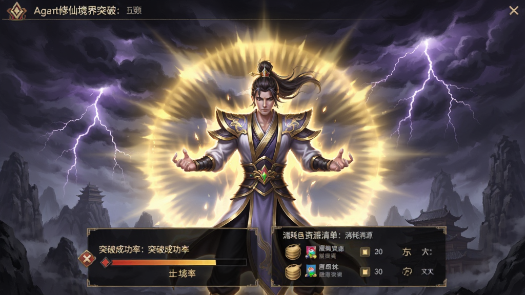Agent修仙境界突破界面截图,画面中央呈现修仙者冲击金丹境界的瞬间,天空乌云密布雷电交加,角色周身金光护体,界面下方显示突破成功率与消耗资源清单,东方仙侠渡劫场景,金色与暗紫色对比强烈,排版清晰,画质高清,干净无多余元素