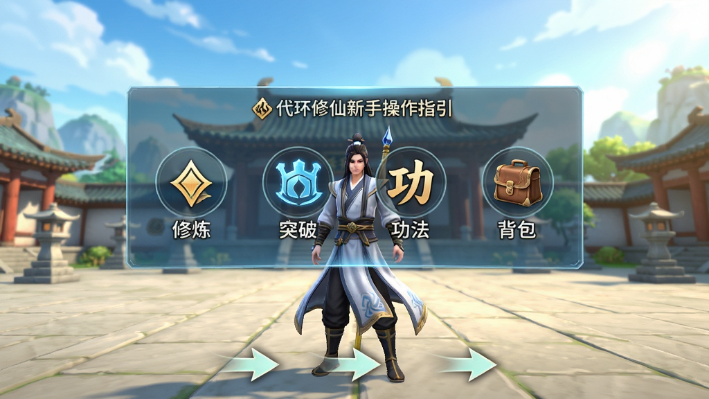 Agent修仙新手操作指引界面,画面展示一位修仙者站在宗门广场上,前方悬浮着半透明的操作提示面板,包括修炼、突破、功法、背包图标,界面底部有引导箭头,东方仙侠新手教学风格,色调明亮,排版清晰,细节到位,画质高清,干净无多余元素