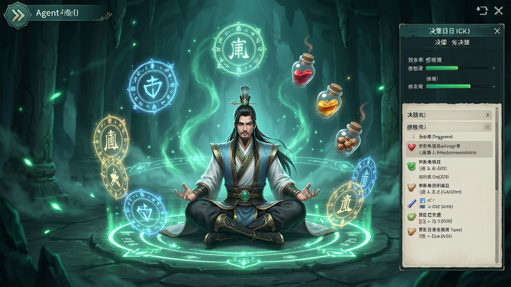 Agent修仙游戏内智能体自主修炼场景,画面展示一位修仙者盘坐于灵气浓郁的洞府中,周围环绕着自动运转的功法光阵与悬浮的丹药瓶,界面侧边显示修炼效率与决策日志面板,东方玄幻风格,青绿色调,排版整洁,细节精致,画质高清,干净无多余元素
