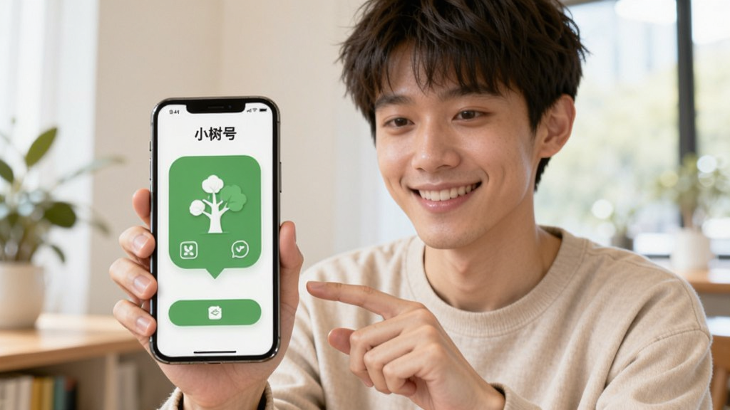 一位年轻人手持手机微笑着操作“小树号”应用,手机屏幕显示清晰的大按钮与图标,背景为明亮室内环境,画面构图以人物与手机为视觉中心,风格温馨自然,画质细腻,无多余背景干扰