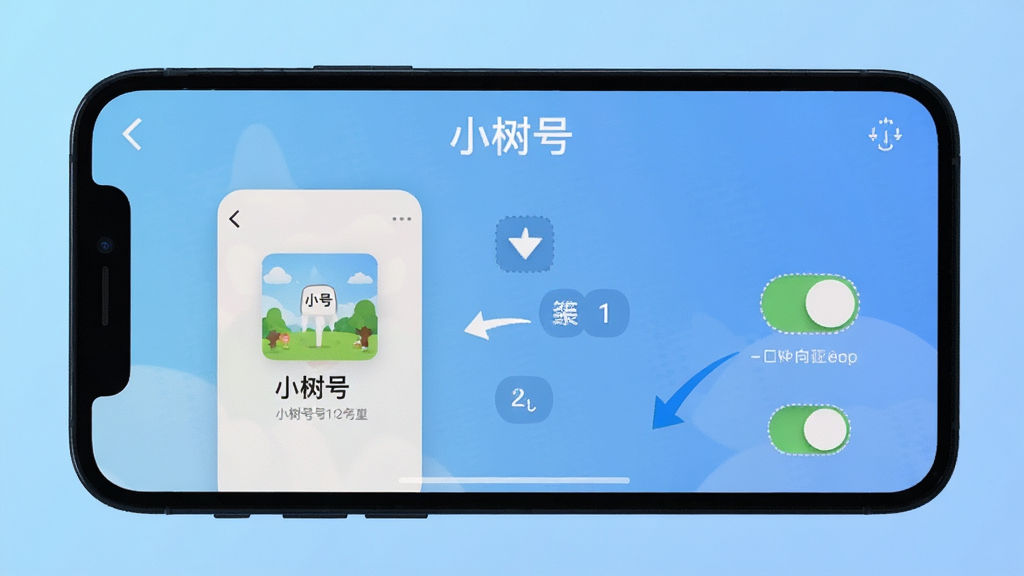 手机屏幕录制风格画面展示“小树号”安装向导界面,画面中有清晰的步骤指示箭头与权限开关按钮,背景为浅蓝色渐变,构图简洁,风格教程化,画质干净,无多余元素