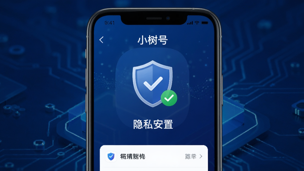 手机屏幕显示“小树号”应用的隐私安全设置页面,页面中有盾牌图标与绿色对勾标识,背景为深蓝色科技感渐变,构图居中,风格专业可信,画质清晰,无多余文字与元素