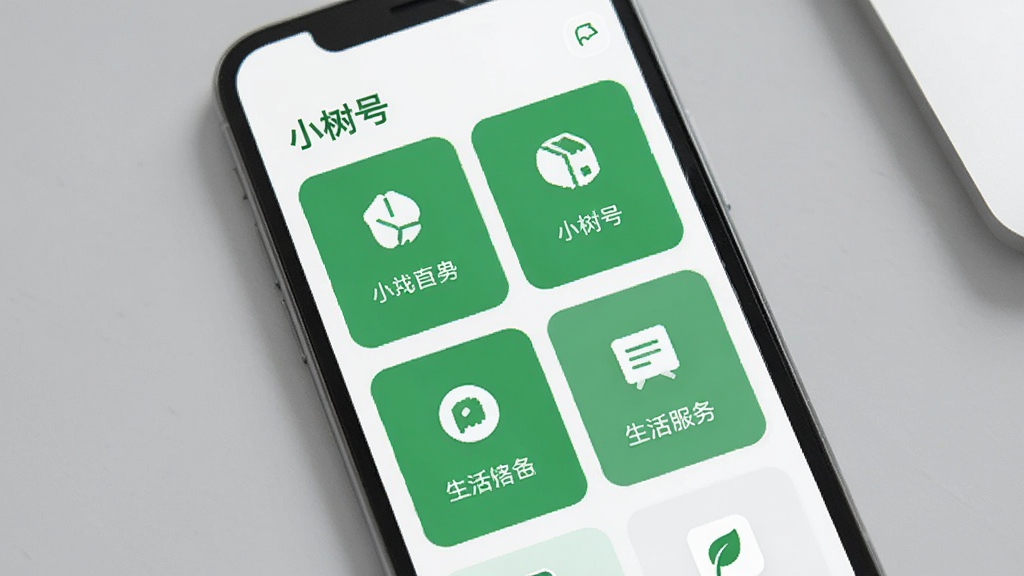 手机界面展示“小树号”应用内多个生活服务卡片整齐排列,每个卡片配有简洁图标与文字标签,画面以绿色和白色为主色调,背景为浅灰色桌面,构图工整,风格现代简约,画质清晰,无杂乱元素