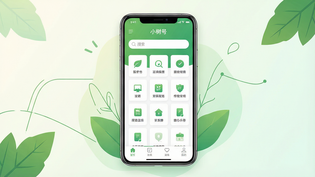 一幅简洁明亮的手机应用界面展示图,画面中央是一部现代智能手机,屏幕上显示“小树号”应用的主页,界面采用清新绿色与白色搭配,布局包含服务图标网格、顶部搜索栏与底部导航菜单;背景为柔和的浅色渐变,周围点缀几片绿叶与简约线条装饰,整体风格干净现代,构图居中,画质清晰,无多余元素