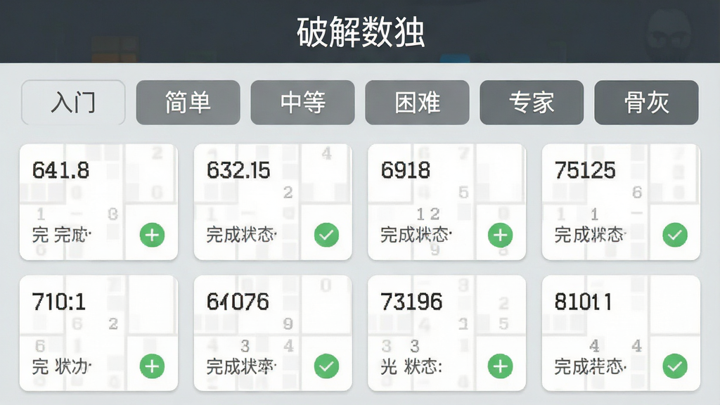 破解数独应用界面截图,展示题库选择页面,页面顶部有“破解数独”标题,中间是六个难度标签横向排列,分别为“入门”“简单”“中等”“困难”“专家”“骨灰”,下方是题目列表卡片,每个卡片显示题目编号和完成状态,背景为浅灰色,风格为扁平化设计,画质清晰,干净无多余元素