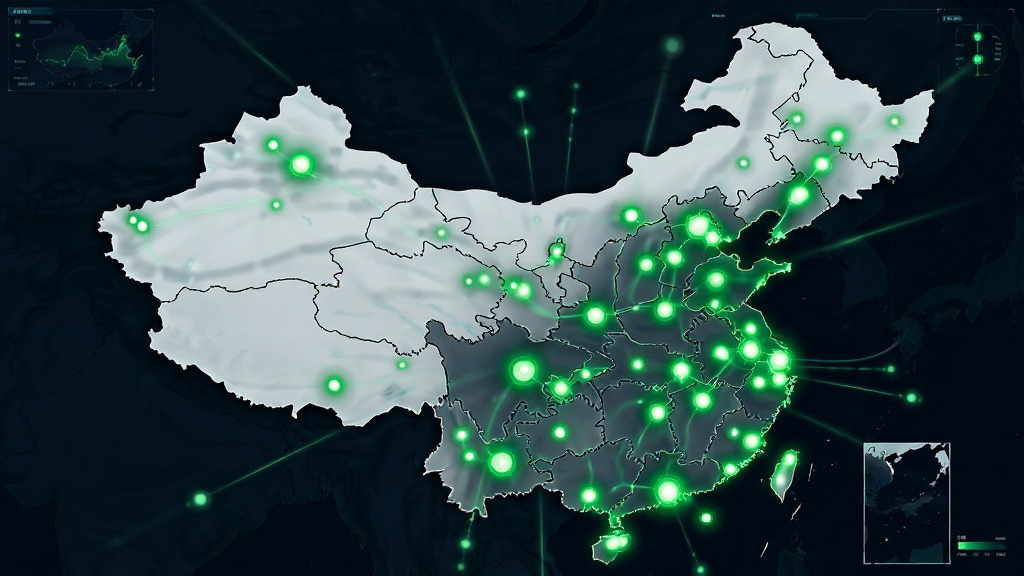 一幅展示铁塔充电全国充电网络覆盖的示意图,画面主体是中国地图轮廓,地图上密布着发光的绿色节点代表充电站点,从一线城市到县城均有分布,布局采用地图居中、光点向外扩散的排版,风格为科技数据可视化,细节包括地图边界清晰、光点有大小渐变表示站点密度、背景深色衬托光点,画质高清,画面干净,无多余元素