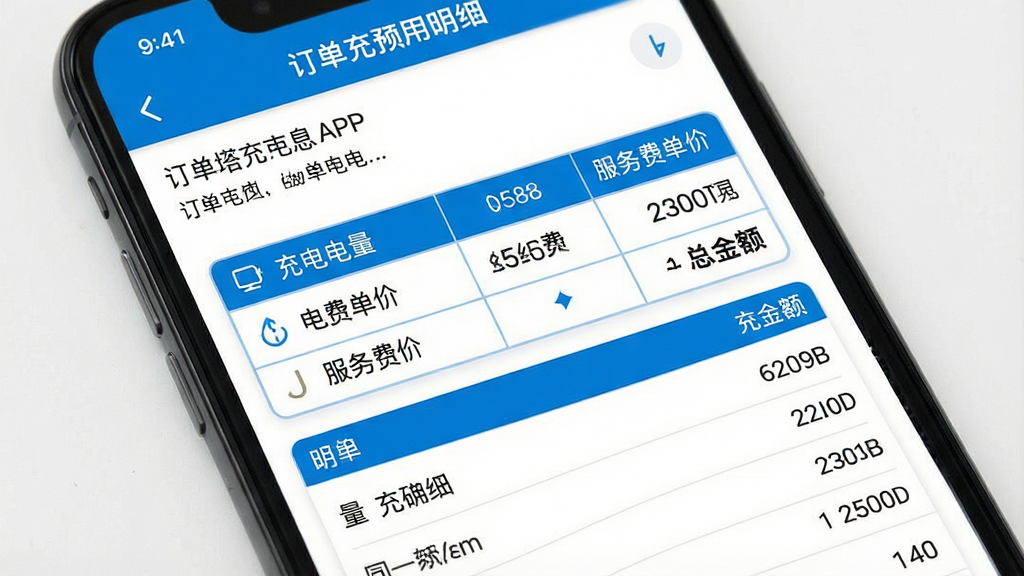 一张展示铁塔充电APP费用明细页面的手机截图风格图片,画面主体是手机屏幕显示充电订单详情,包含充电电量数字、电费单价、服务费单价、总金额等数据表格,布局采用上下结构,上方是订单基本信息,下方是费用明细列表,风格为清爽商务风,细节包括数字清晰可读、表格线条简洁、配色以蓝白为主,画质高清,画面干净,无多余元素