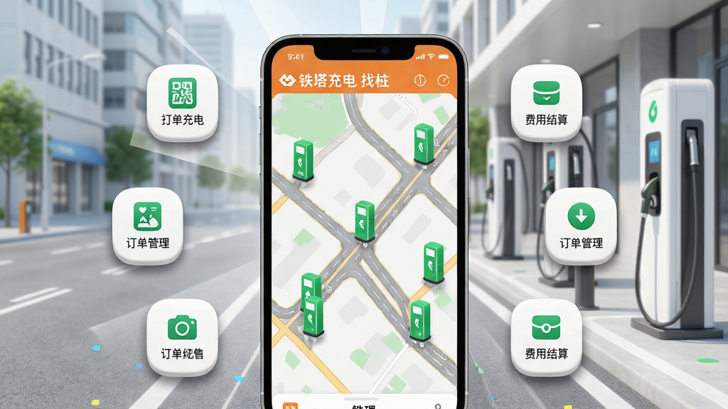 一张展示铁塔充电APP核心功能的手机界面组合图,画面主体是一部智能手机,屏幕上显示铁塔充电APP的地图找桩页面,地图上有多个绿色充电桩图标,周围环绕着扫码充电、订单管理、费用结算等功能小图标,背景是干净的城市街道与充电站场景,布局采用中心向外辐射的排版方式,风格为现代科技简约风,细节包括手机边框圆角、图标立体微阴影、地图道路纹理清晰,画质高清,画面干净,无多余元素