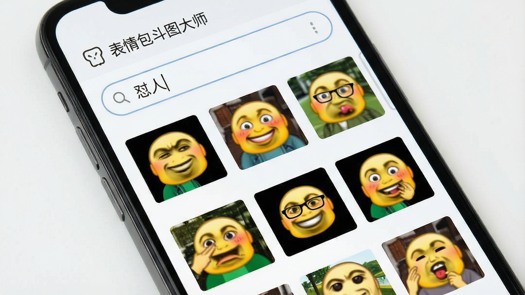 一张展示“表情包斗图大师”软件搜索功能的界面图,画面中手机屏幕显示搜索框内输入“怼人”关键词,下方搜索结果区域展示多张相关表情包缩略图,布局整齐,风格清爽,背景为浅色,画质干净清晰,无多余装饰元素