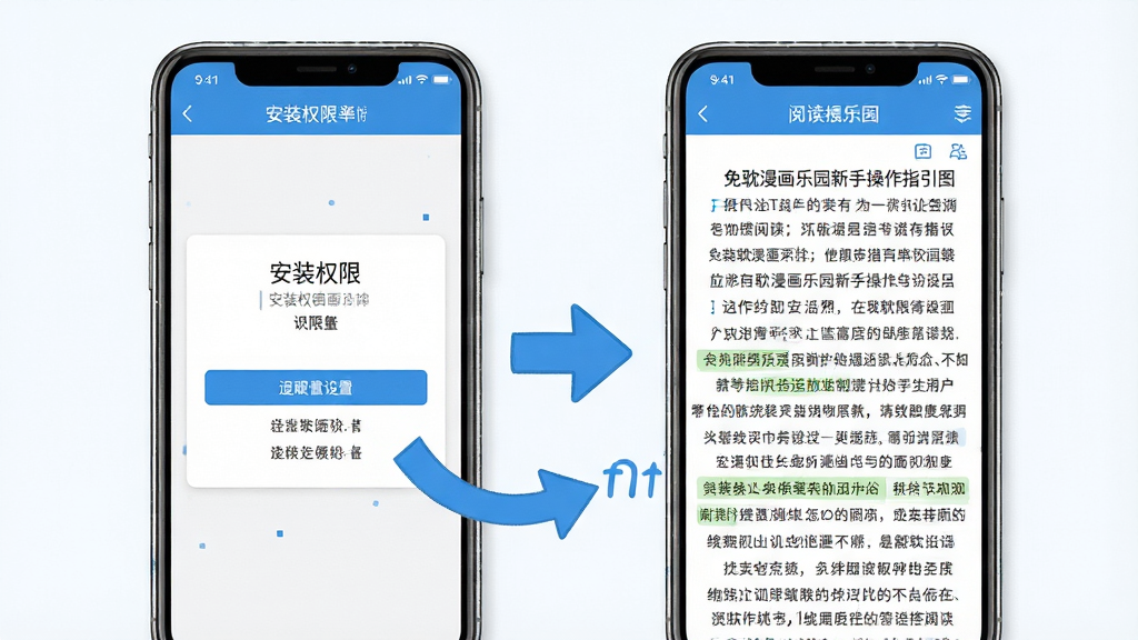免耽漫画乐园新手操作指引图,画面中手机屏幕显示安装权限设置页面和阅读界面并排展示,用箭头标注操作步骤,风格清晰直观,配色以白色和蓝色为主,细节明确,画质干净,无多余元素