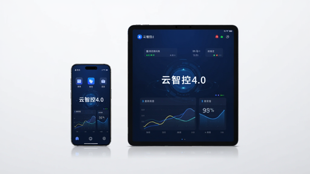 画面中央展示一部智能手机和一台平板电脑并排摆放,屏幕中呈现“云智控4.0”的深蓝色科技感界面,背景为简洁的浅灰色渐变,布局采用居中对称构图,风格为现代扁平化科技风,细节包括设备图标、数据曲线和状态指示灯,画质清晰干净,无多余元素