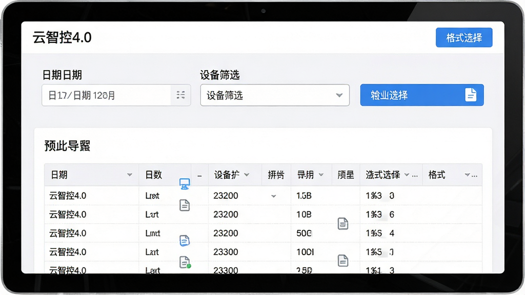 一张数据报表管理界面的示意图,画面中展示“云智控4.0”的数据导出功能,包含日期选择器、设备筛选下拉框和格式选择按钮,下方是已生成的表格预览,布局为上下结构,风格为简约商务浅色风,细节包括蓝色的导出按钮和文件图标,画质清晰干净,无多余装饰元素