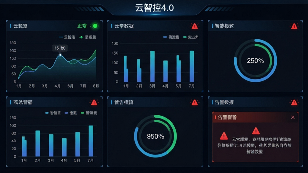 一张智能设备监控大屏的界面截图风格图片,画面中显示“云智控4.0”的实时数据看板,包含折线图、柱状图、环形进度条和告警提示框,布局为三列式信息面板,风格为深色背景的科技数据可视化风,细节包括绿色正常状态指示灯和红色告警闪烁标识,画质清晰锐利,无杂乱元素