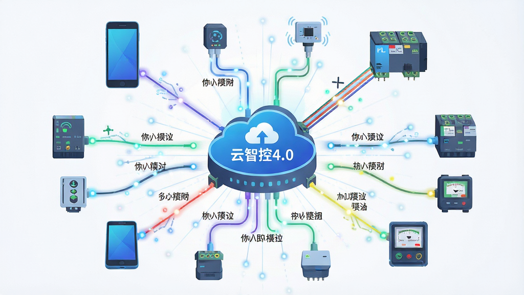 一张科技感十足的设备连接拓扑图,画面中心是带有“云智控4.0”标志的云端服务器图标,四周辐射出多条彩色数据线连接着手机、传感器、PLC控制器和智能仪表等设备,布局呈放射状,风格为简洁的矢量插画风,细节包括数据流动的光点和协议名称标签,画质高清干净,无多余装饰
