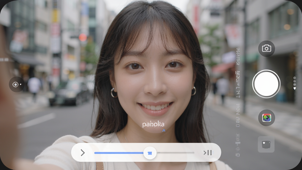 一张展示Mola相机人像美颜功能的界面图,屏幕中是一位年轻女性的自拍取景画面,面部有轻微的美颜参数调节滑块显示在屏幕下方,背景是虚化的城市街景,整体风格自然清新,画质高清,干净无多余元素。