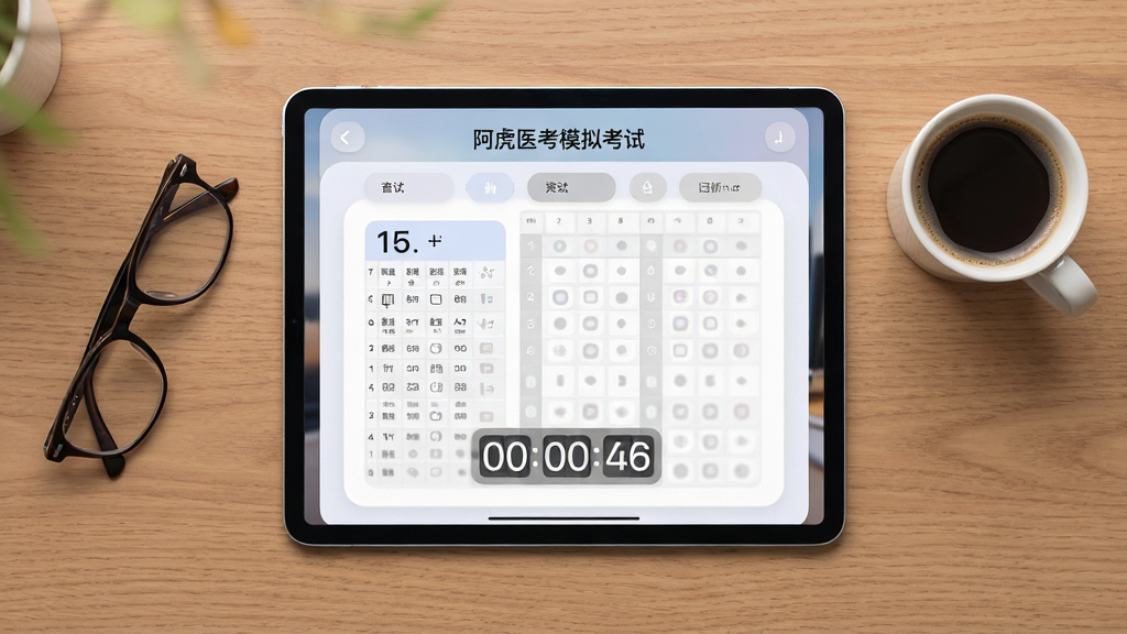 阿虎医考模拟考试界面展示,画面中央为一部平板电脑,屏幕上显示模拟考试答题卡和倒计时器,平板电脑旁边放着一副眼镜和一杯咖啡,背景为木质桌面,布局采用俯视构图,风格为柔和圆角设计,细节上体现答题卡网格和计时数字,画质清晰干净,无多余元素
