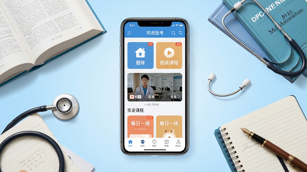 阿虎医考软件主界面全貌展示,画面中央摆放一部智能手机,手机屏幕上显示阿虎医考APP首页,包含题库入口、视频课程卡片和每日一练模块,手机周围散落着医学书籍、听诊器、笔记本和钢笔,背景为浅蓝色渐变,布局采用居中构图,风格为清新扁平化设计,细节上体现医学元素与学习场景的融合,画质清晰干净,无多余装饰元素