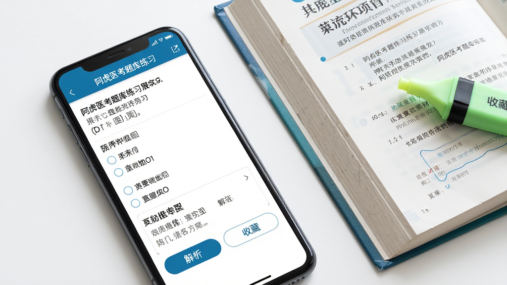 阿虎医考题库练习界面展示,画面主体为一部手机,屏幕上显示一道医学选择题和四个选项,下方有