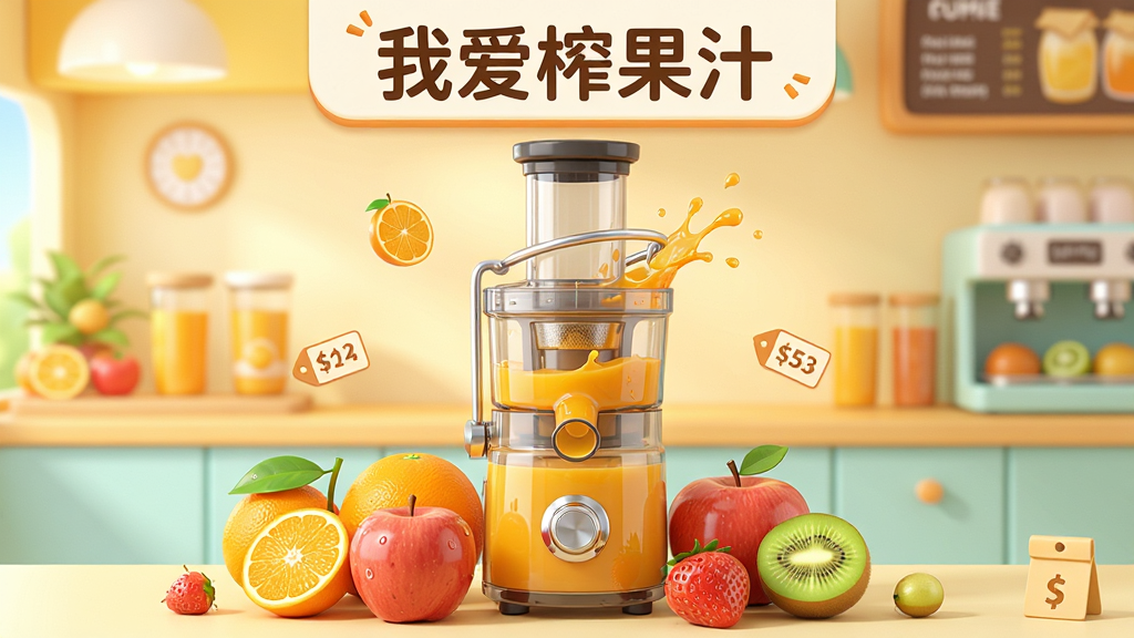 我爱榨果汁软件主界面展示,画面中央摆放一台透明榨汁机正在榨取橙汁,周围环绕多种新鲜水果如橙子、苹果、草莓、猕猴桃,背景是明亮温馨的果汁店柜台,布局采用中心对称构图,排版上方留出软件名称位置,风格为清新卡通3D渲染,细节包含水果切面水润光泽、果汁飞溅动态、价格标签小元素,画质高清干净无多余元素,画面中文字标注“我爱榨果汁”