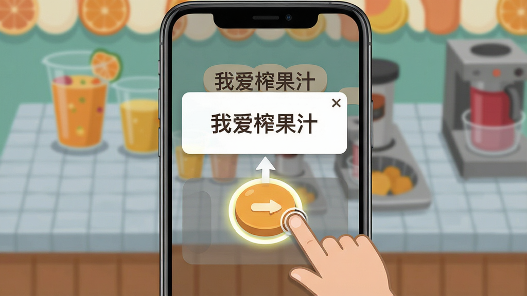 我爱榨果汁新手操作引导界面,画面展示手机屏幕中游戏教学弹窗,手指图标指向榨汁按钮,背景为果汁店操作台,布局为竖屏手机比例,排版上方为文字说明下方为操作区域,风格为简洁扁平化UI设计,细节包含高亮光圈、箭头指示、半透明遮罩,画质清晰干净无多余元素,画面中文字标注“我爱榨果汁”