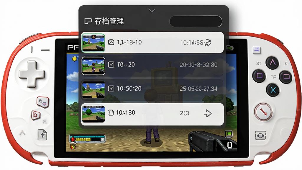 一张红白PSP模拟器即时存档功能界面图,画面中央是手机屏幕显示游戏画面,屏幕上方弹出存档管理面板,面板内列出多个存档位,每个存档位显示游戏缩略图与时间戳,背景为深色半透明遮罩,布局清晰,风格现代,细节包括存档位边框、按钮图标,画质高清,干净,无多余元素