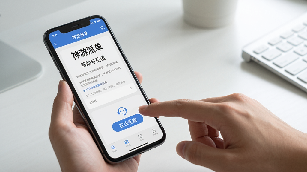 一张写实风格图片,画面中一部手机屏幕显示“神游派单”的帮助与反馈页面,旁边有一只手正在点击屏幕上的“在线客服”按钮,背景为简洁的桌面环境,光线自然,构图清晰,画质高清,无多余元素