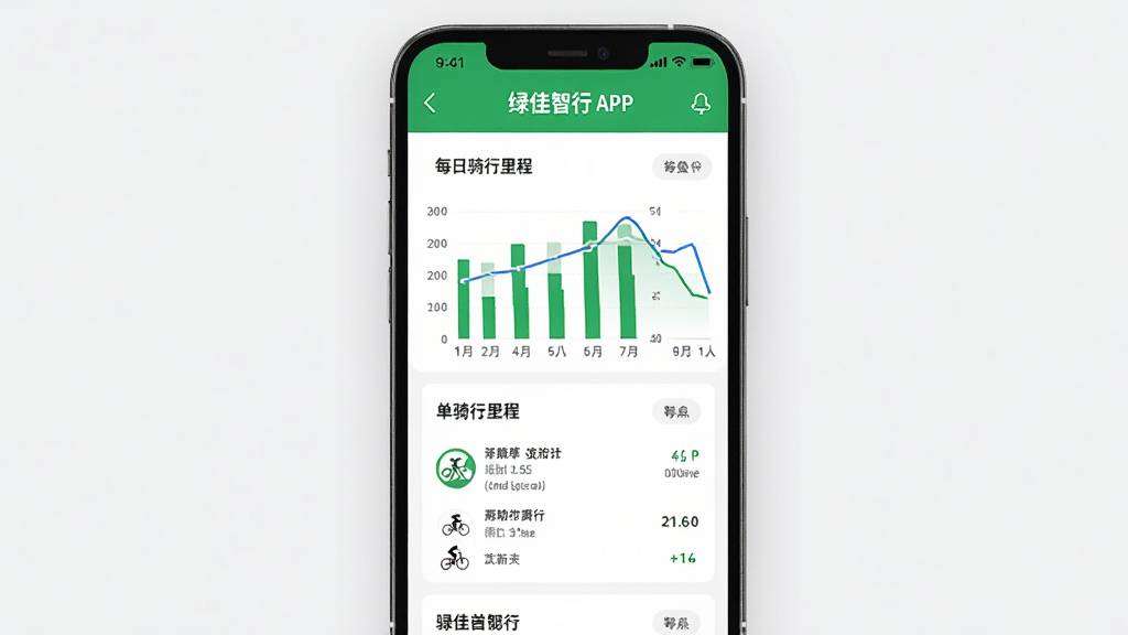 手机屏幕显示绿佳智行APP的骑行记录页面,页面上有柱状图和折线图展示每日骑行里程,下方列出单次骑行详情卡片,背景为白色,风格清新简约,画质高清,干净整洁