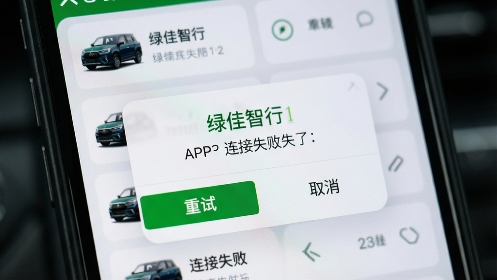 手机屏幕显示绿佳智行APP的连接失败提示弹窗,弹窗中有“重试”和“取消”按钮,背景为模糊的车辆列表页面,风格写实,画质清晰,干净无多余元素