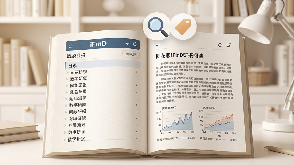 画面中央是一本打开的数字研报,页面显示同花顺iFinD的研报阅读界面,左侧为目录列表,右侧为正文与图表,研报上方悬浮着放大镜与标签图标,背景为暖白色书房场景,风格偏向知识阅读类应用,细节上纸张质感柔和,文字区域清晰,画质高清干净,无多余装饰。