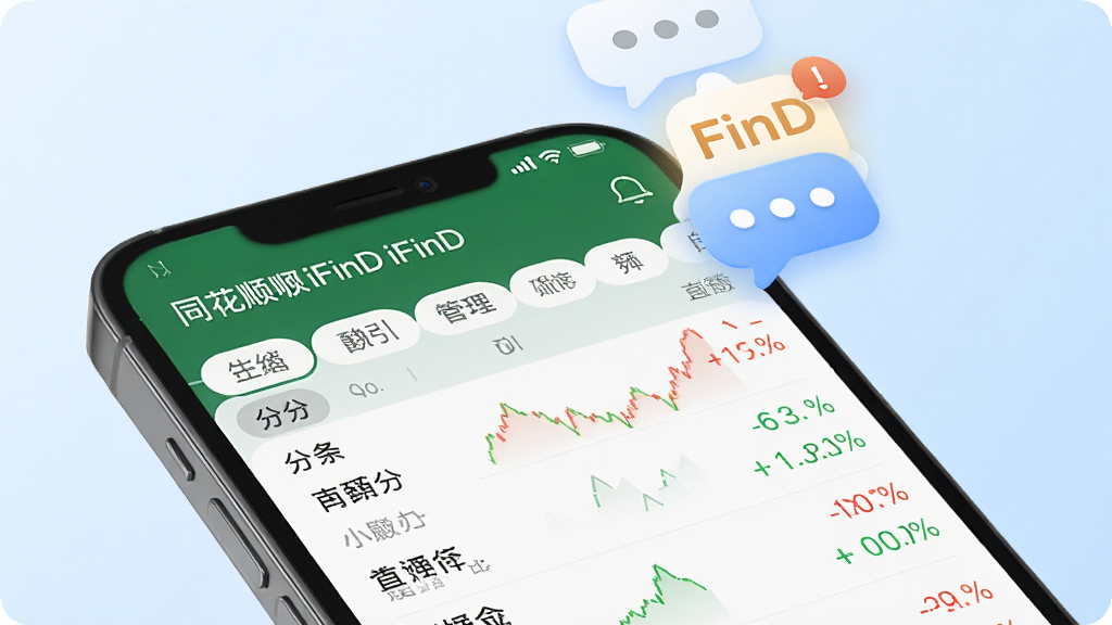 画面主体为一部手机,屏幕显示同花顺iFinD的自选股管理界面,分组标签清晰,股票列表带有涨跌颜色标识,手机上方漂浮着铃铛与通知气泡图标,背景为浅蓝色渐变,风格清爽简洁,细节上图标圆润,文字清晰,画质高清干净,无多余元素。