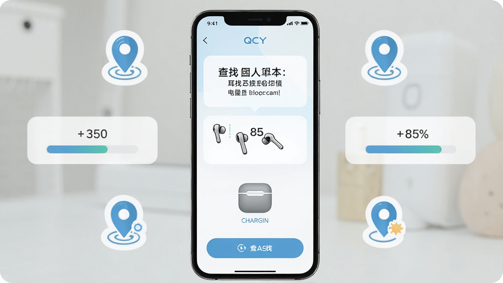 一张展示QCY应用查找耳机与电量显示界面的图片,主体为手机屏幕显示耳机位置提示和电量百分比,布局为手机居中、周围有定位图标,排版直观,风格为清新浅色,细节包括左右耳机电量条、充电仓图标和查找按钮,画质清晰,干净,无多余元素