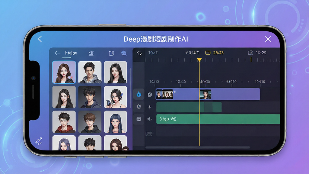 一张展示智能手机屏幕的图片,屏幕中央显示着“Deep漫剧短剧制作AI”的软件界面,界面布局为左侧是角色素材库,右侧是视频时间线编辑轨道,背景为柔和的蓝紫色渐变科技风格,画质清晰,干净,无多余元素