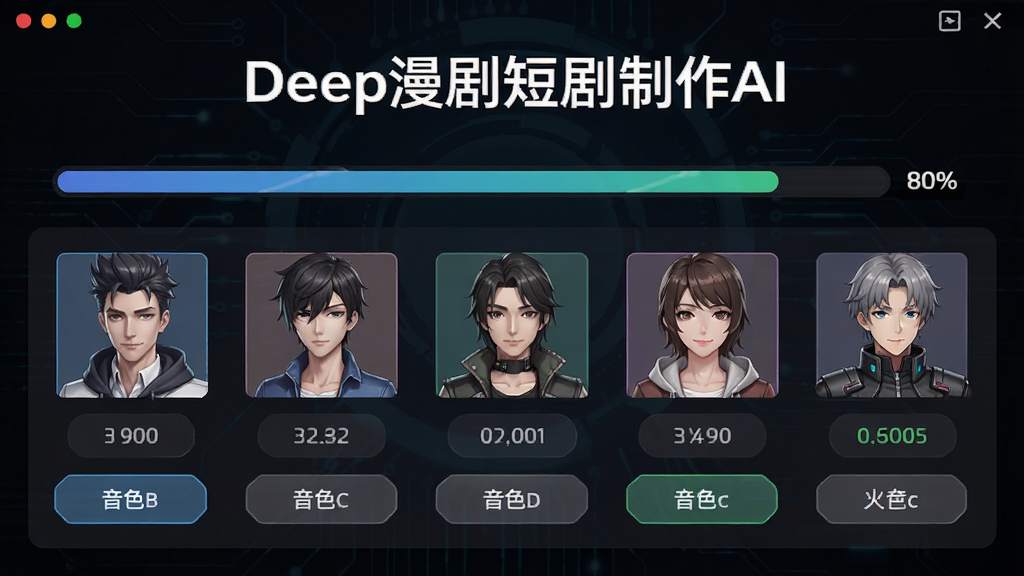 一张展示视频合成进度条的图片,画面中显示着“Deep漫剧短剧制作AI”的合成界面,下方有多个角色的头像和对应的音色选择按钮,进度条显示已完成80%,背景为深色科技感风格,画质清晰,无多余元素