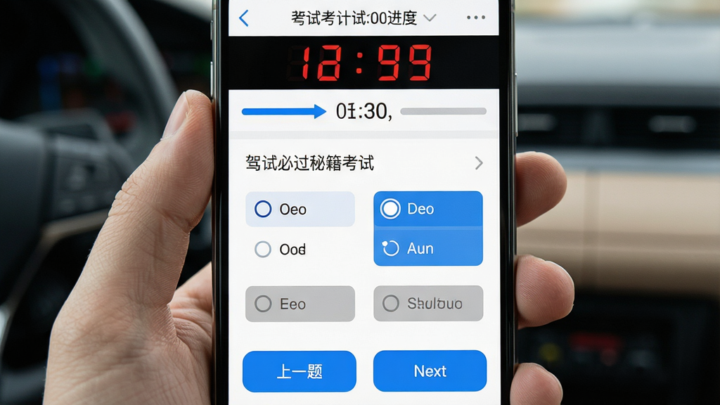 驾考必过秘籍模拟考试界面,主体为手机屏幕显示考试计时与答题卡,布局上方为倒计时与题目进度,中间为单选题题干与选项,下方为上一题下一题按钮,风格为清爽教育类APP界面,细节包含红色计时数字、蓝色选中选项、灰色未答标识,画质高清,干净,无多余元素