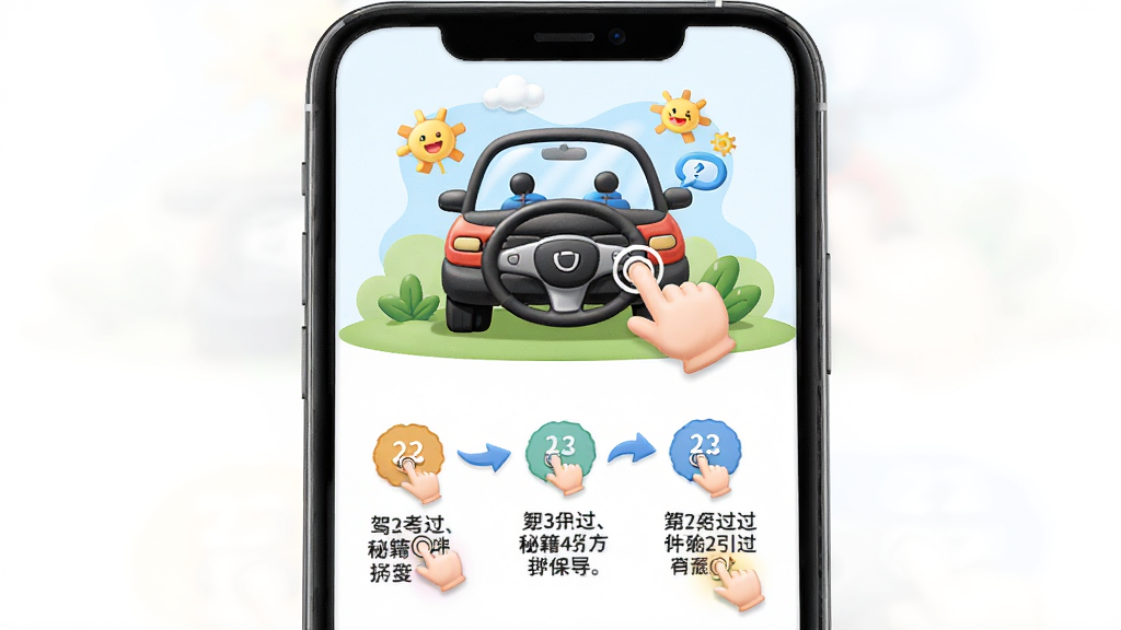 驾考必过秘籍新手操作引导页面,主体为手机屏幕显示分步指引,布局为上下结构,上方为插图下方为文字说明,风格为友好卡通风格,细节包含手指点击图标、箭头指示、步骤编号,画质高清,干净,无多余元素