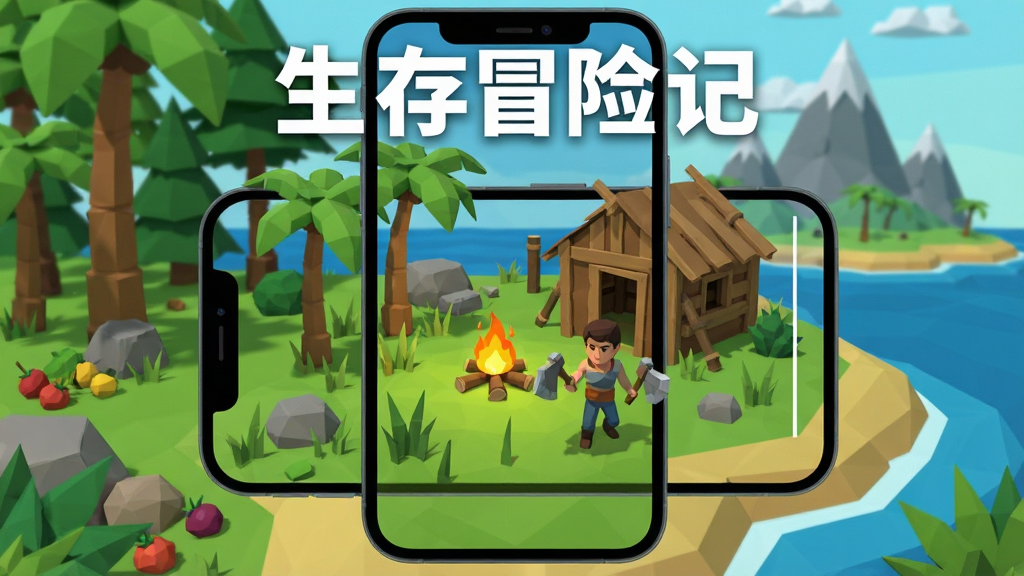 画面中央是一部智能手机,屏幕上显示低多边形风格的荒岛求生场景,有棕榈树、篝火、简陋木屋和一个手持石斧的角色,画面四周环绕着森林与海岸线,顶部用白色粗体字写着“生存冒险记”,整体采用扁平化插画风格,色调以绿色、棕色和蓝色为主,细节包括草丛、石块、野果和远处的山峰,画质清晰干净,无多余元素